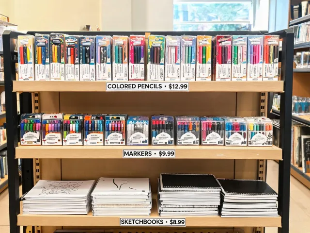 Campus bookstore art shelf